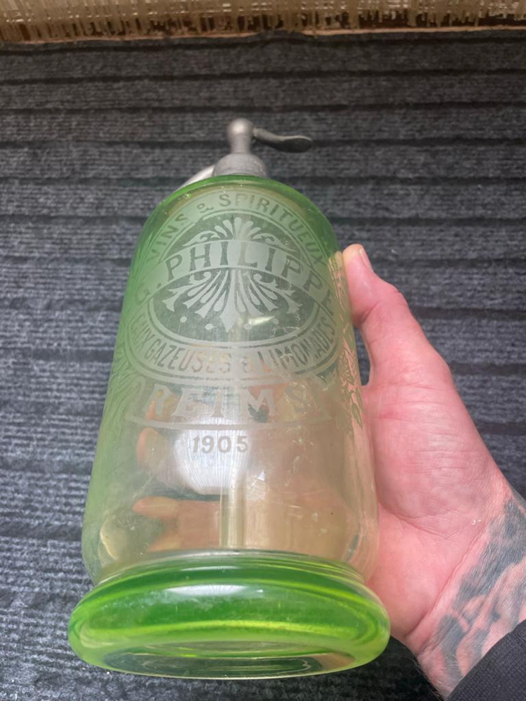 Antieke Sifles F.G. Philippe 1905 - groen uranium Glas, Ophalen of Verzenden, Zo goed als nieuw, Parfumfles