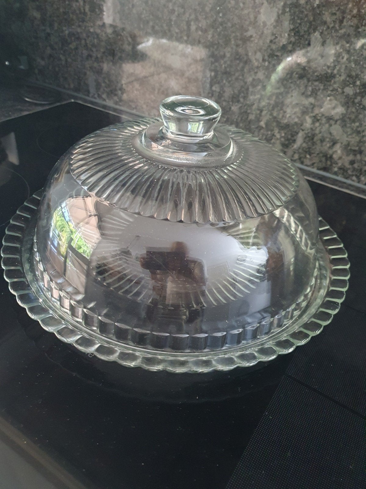 vintage glazen taartstolp uit Frankrijk, Glas, Ophalen of Verzenden, Gebruikt, 32 cm