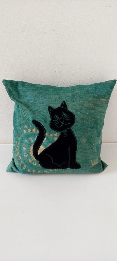 Vintage Jaren 70 Kussen Zwarte Kat – Boho / Teal (33x33 cm), Huis en Inrichting, Woonaccessoires | Kussens, Gebruikt, Eu, Vierkant