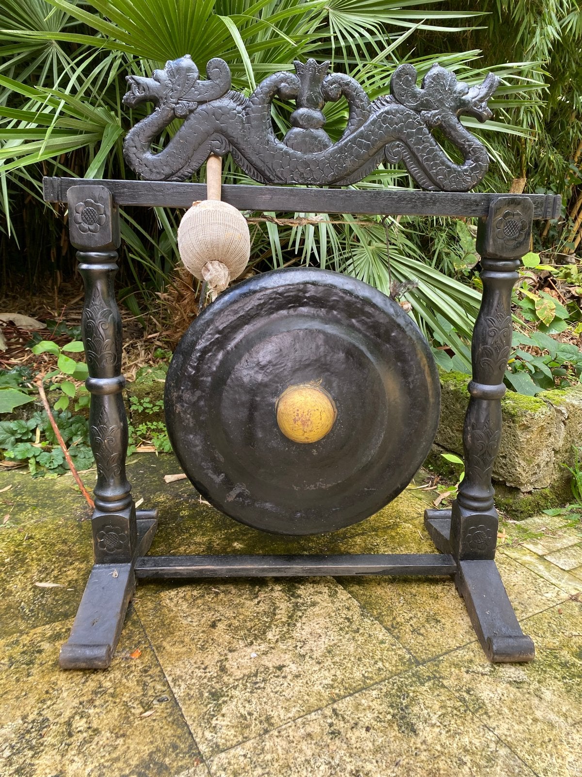 Antieke Oosterse Gong met Drakenstandaard - 100x90 cm, Ophalen of Verzenden, Gebruikt