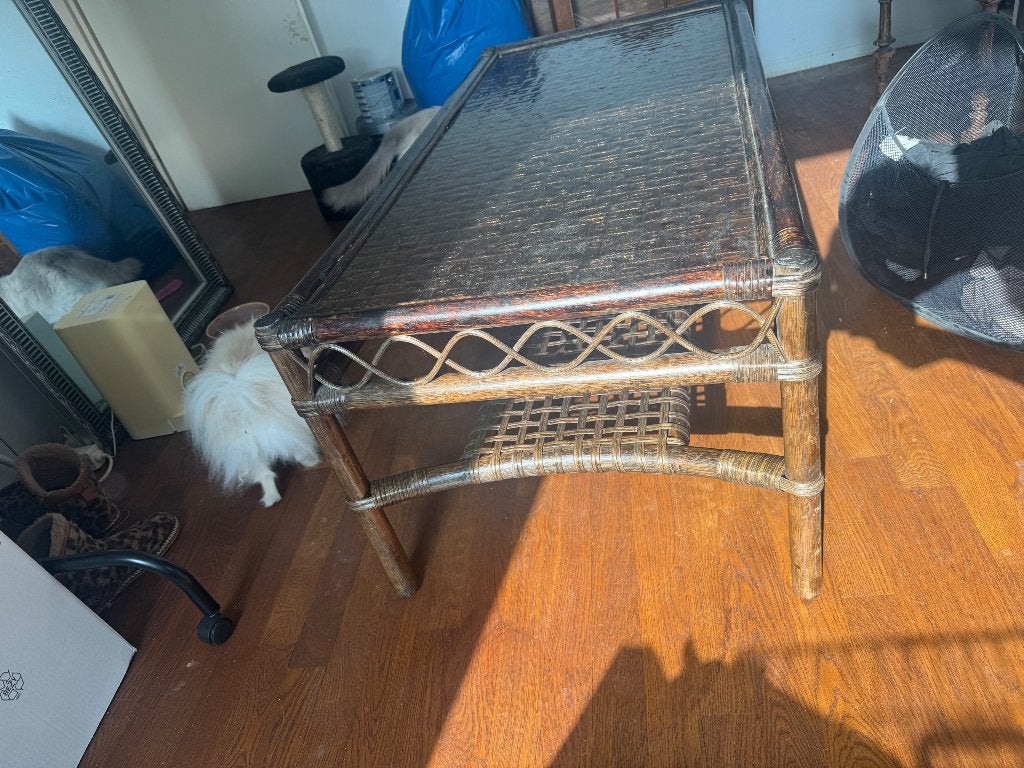 Vintage rotan en glas salontafel, Ophalen, Gebruikt, 100 tot 150 cm, Vintage