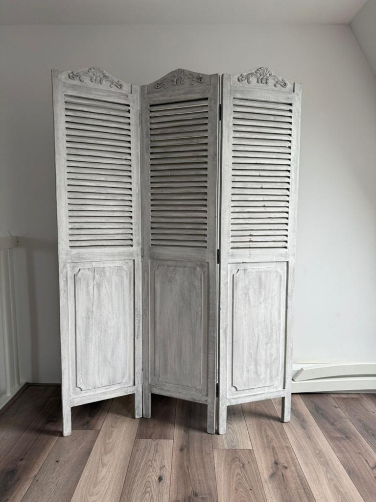 Te koop: Houten Kamerscherm 3 Delig – White Wash Brocant, Ophalen, Gebruikt