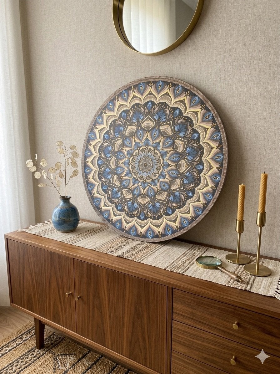 Unieke Elegante Houten Mandala - Blauw & Brons 40cm⁠, Ophalen of Verzenden, Zo goed als nieuw, Minder dan 50 cm, Schilderij