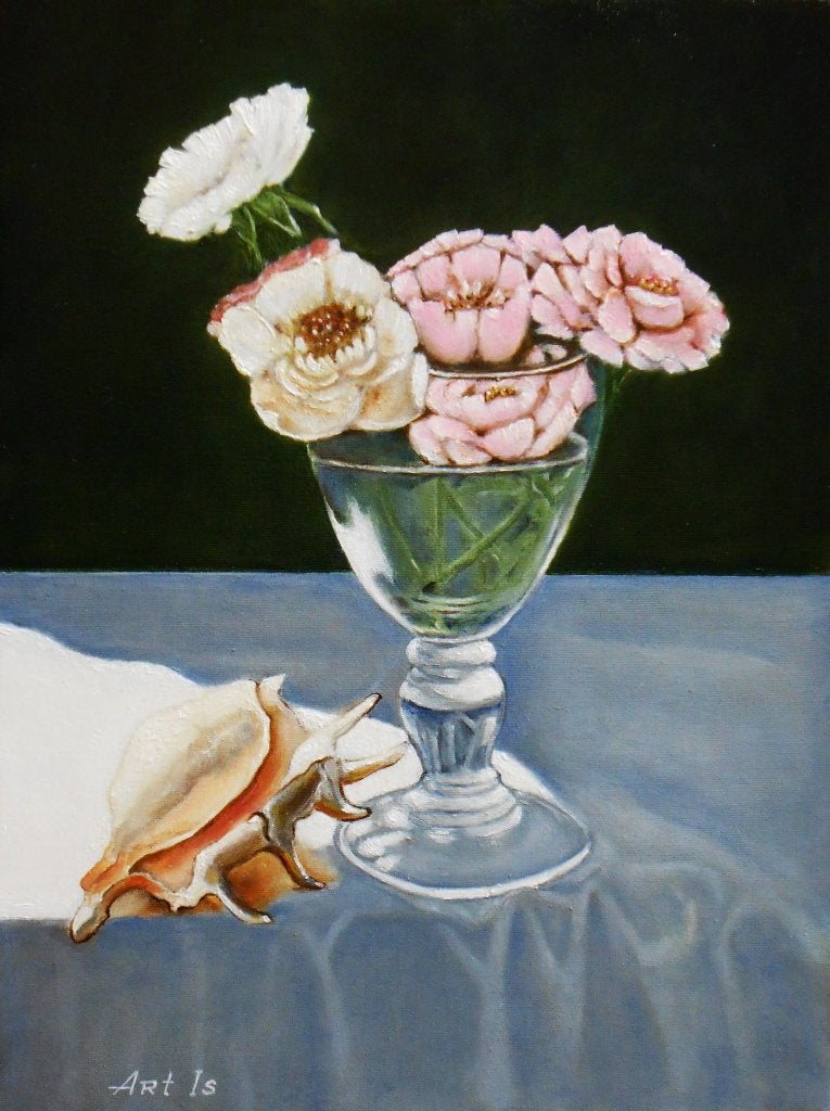 "Bloemen en schelpen" Schilderij, Handgeschilderd, Verzenden, Olieverf, Bloemen