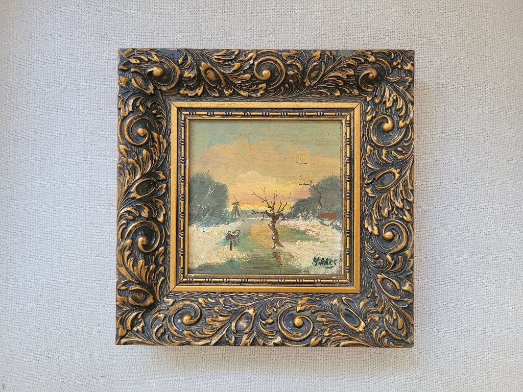 Wintergezichtje op paneel gesigneerd r.o. 13 x 13 cm., Paneel, Oud hollands, Ophalen of Verzenden, Landschap