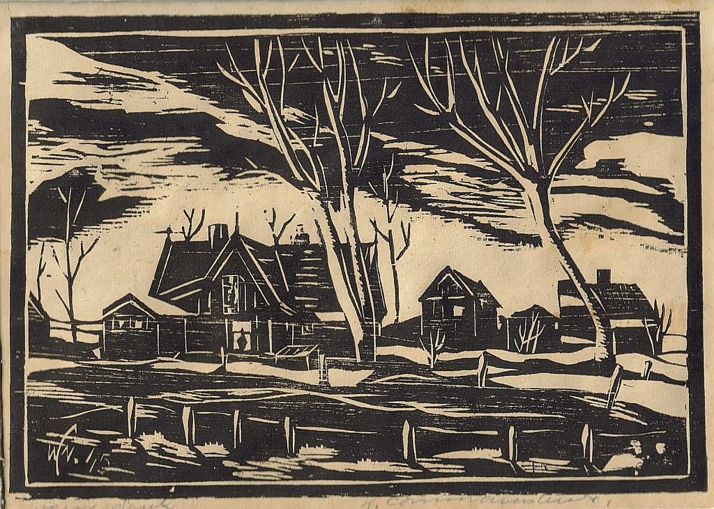 Willem Commandeur houtsnede "Boerderij", 1945, gesigneerd, Ophalen, Origineel, Houtsnede, Landschap