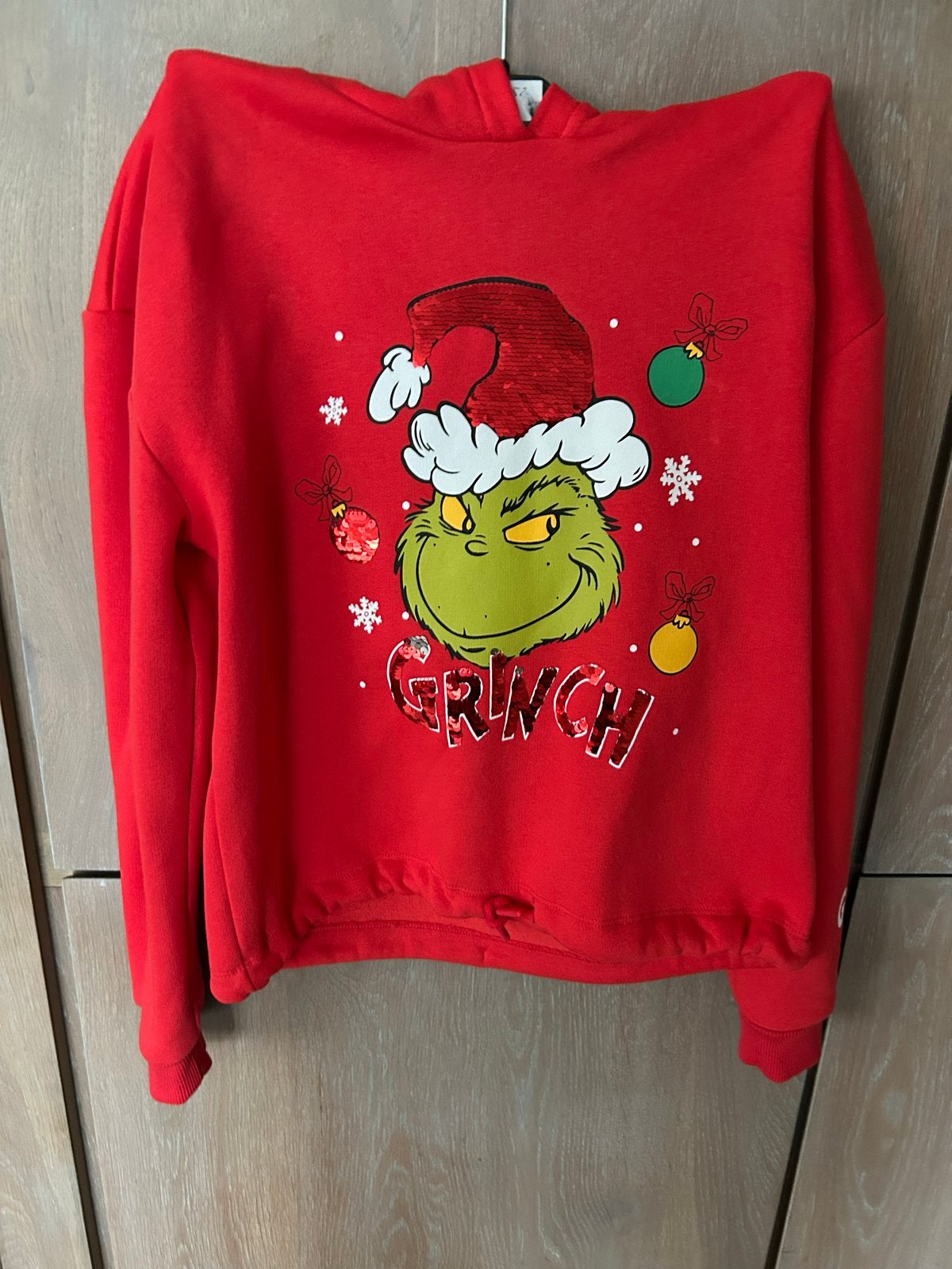 Grinch Kerst Hoodie - Rood met pailletten, Ophalen of Verzenden, Zo goed als nieuw, Jongen of Meisje, Trui of Vest