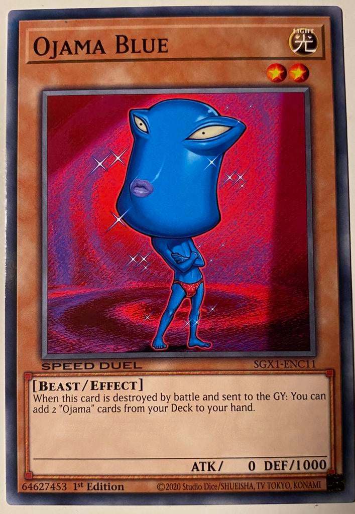 Yu-Gi-Oh! Ojama Blue SGX1 1st Edition !, Ophalen of Verzenden, Zo goed als nieuw, Losse kaart