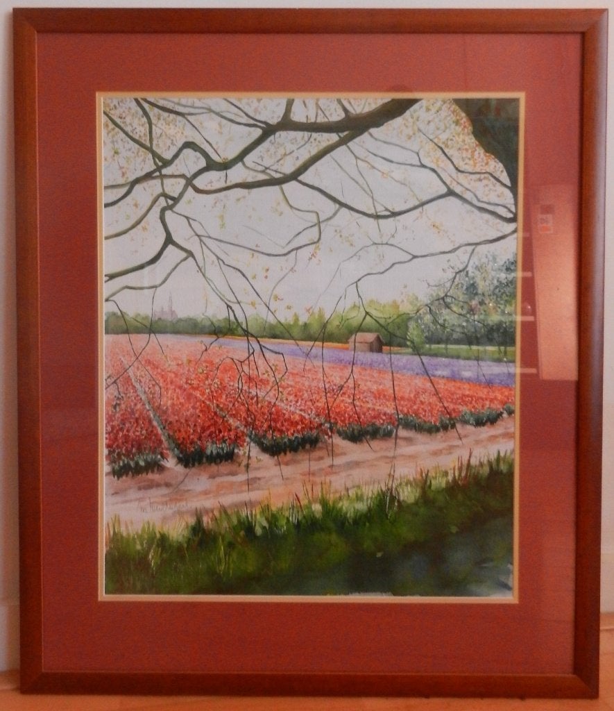 Aquarel Bollenvelden De Wolf Lisse Marie Verdegaal 64x53cm, Antiek en Kunst, Gesigneerd, Impressionistisch, Ophalen of Verzenden