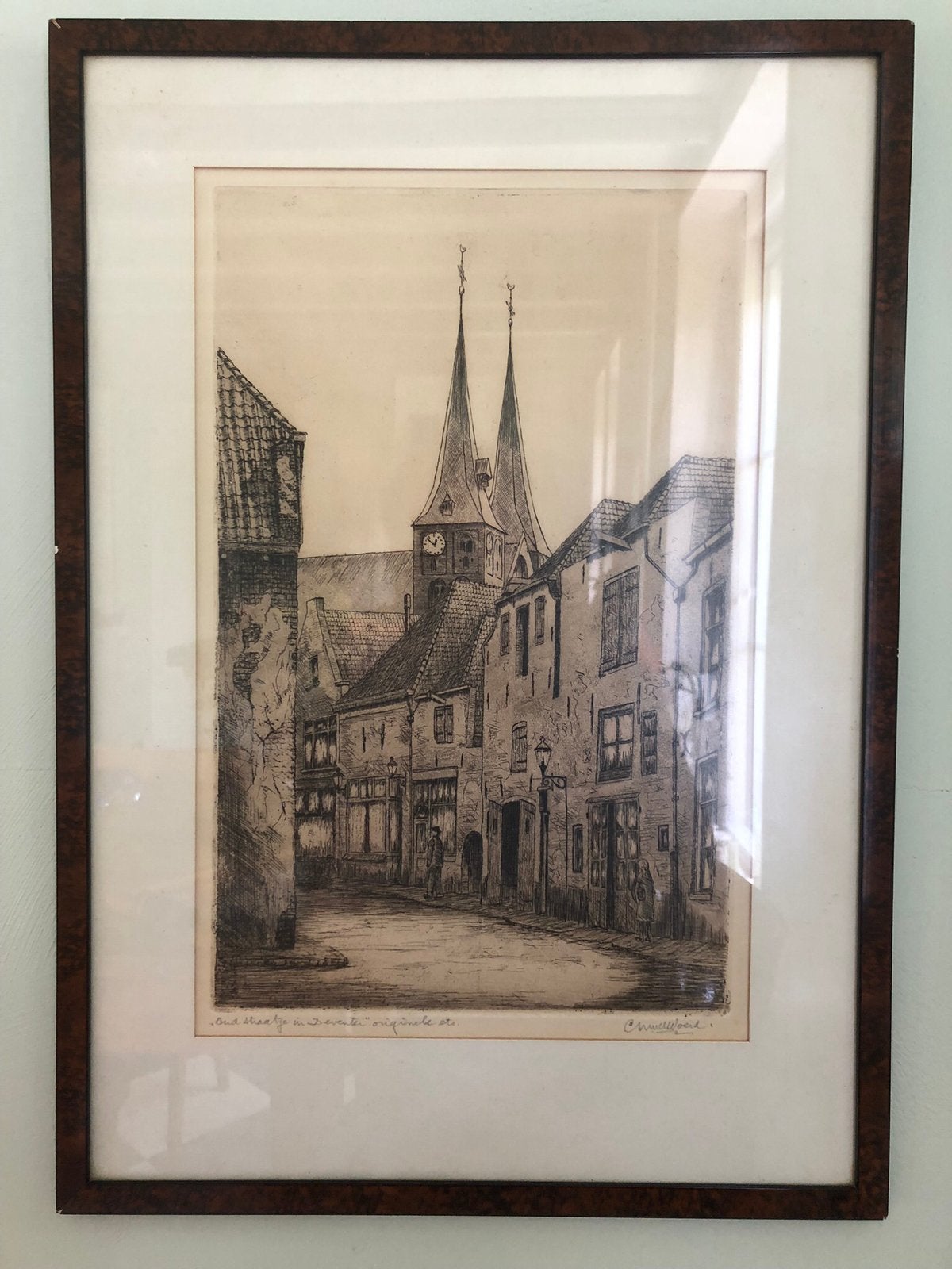 Oud straat in deventer. Ets c.m. Van der woerd., Ophalen of Verzenden