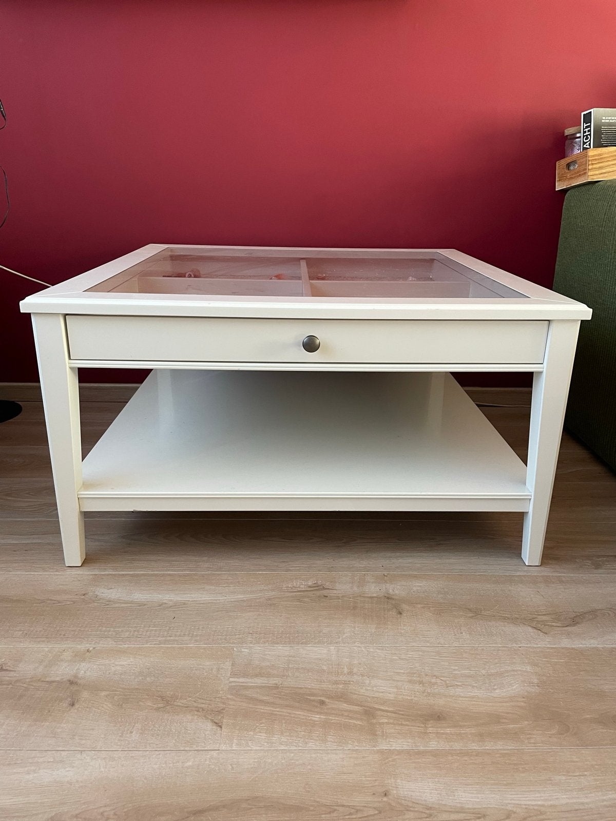 Witte salontafel met glazen blad en lade, Huis en Inrichting, Ophalen, 50 – 75, 50 tot 100 cm, Vierkant
