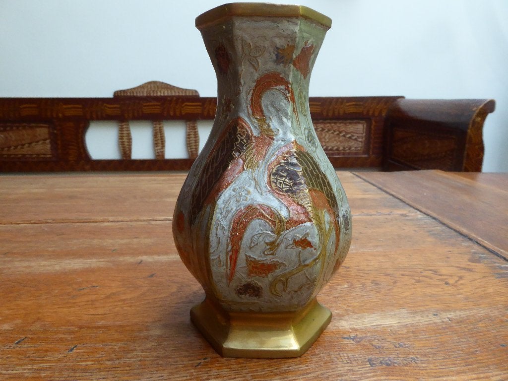 Vintage emaille op koper vaasje in art nouveau stijl, Ophalen of Verzenden