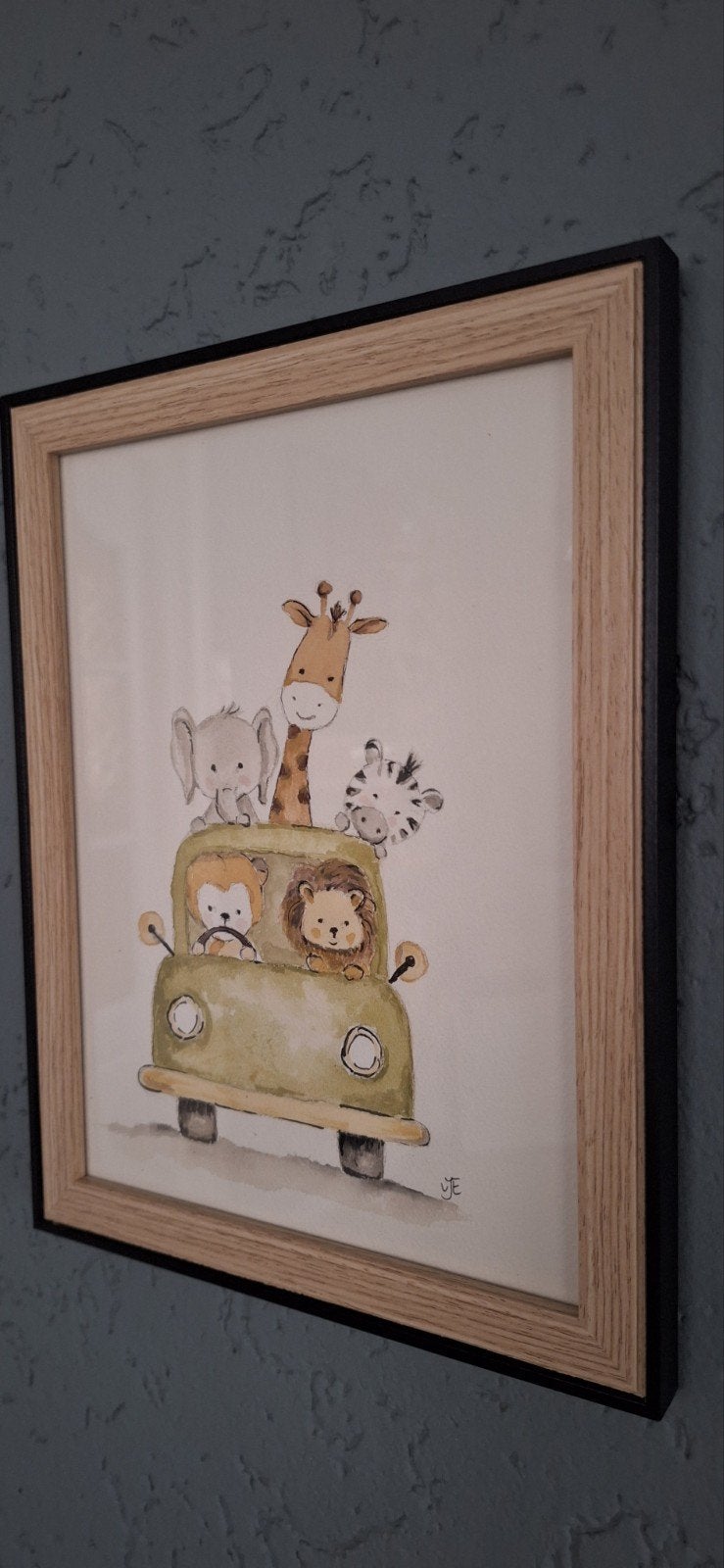 Handgeschilderd aquarel safari dieren in auto, Antiek en Kunst, Ophalen of Verzenden