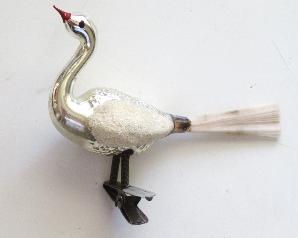 Oude Kerstbal: Vogel Zwaan dubbele poot, zilver witte sneeuw, Ophalen of Verzenden