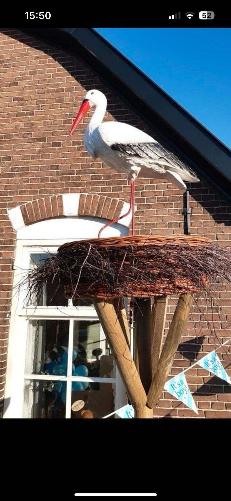 **Grote ooievaar te huur op heus nest van wilgentenen**, Ophalen, Zo goed als nieuw