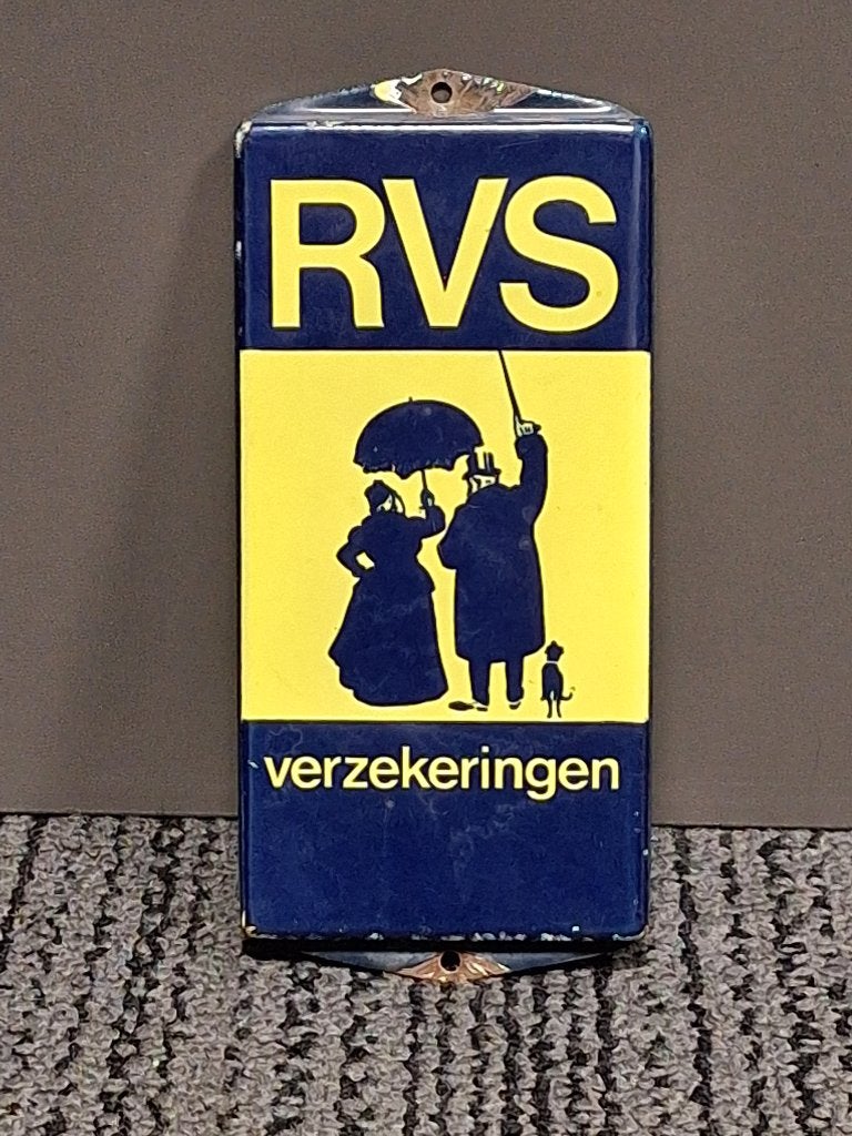 Emaille Reclamebord ‘RVS Verzekeringen’, Ophalen, Gebruikt, Reclamebord