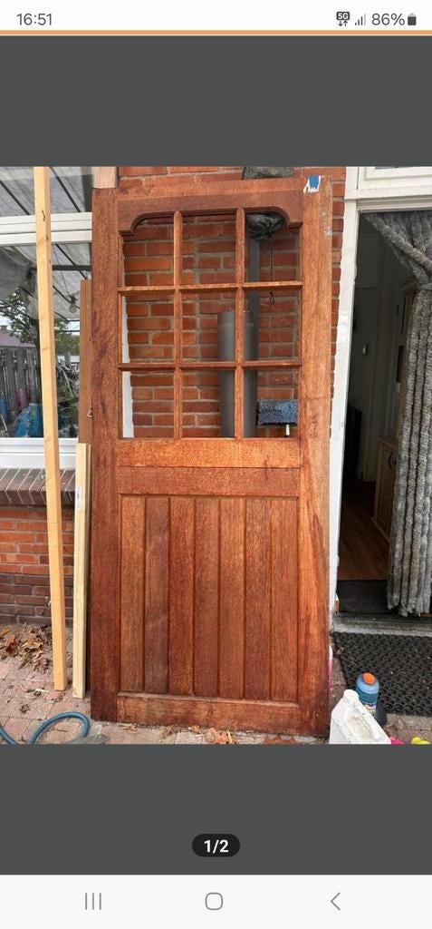 Massieve houten buitendeur met glas (211.5x93cm), Doe-het-zelf en Verbouw, Deuren en Horren, Gebruikt, 80 tot 100 cm, 215 cm of meer