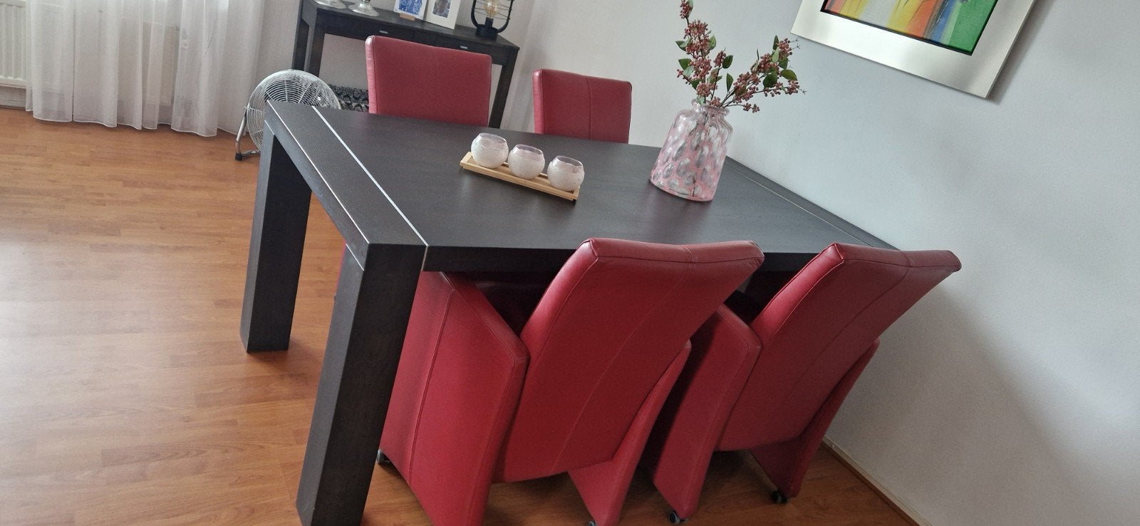 Set van 4 rode leren eetkamerstoelen met wieltjes, Ophalen, Modern, Klassiek, Gebruikt, Leer