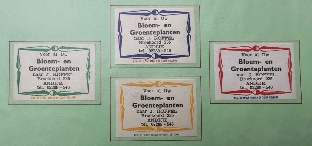 Voor al uw Bloem- en Groenteplanten J. Roffel te Andijk, Ophalen of Verzenden, Zo goed als nieuw, Luciferdoosjes of -merken