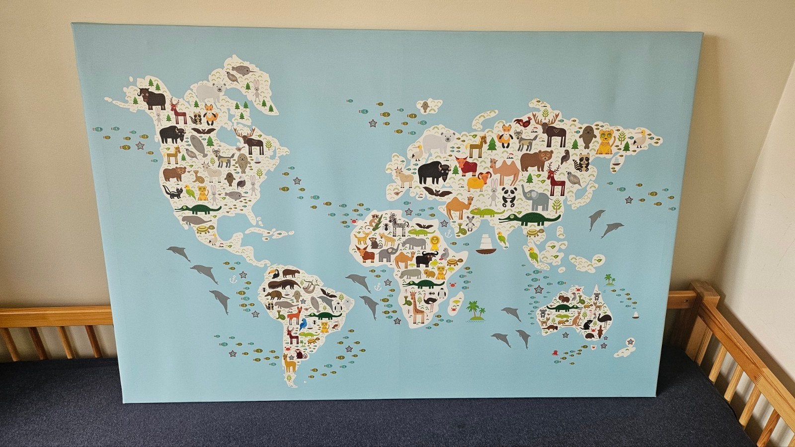 Canvas Wereldkaart met Dieren 80x120 cm, Ophalen, Gebruikt, Print, 100 tot 125 cm