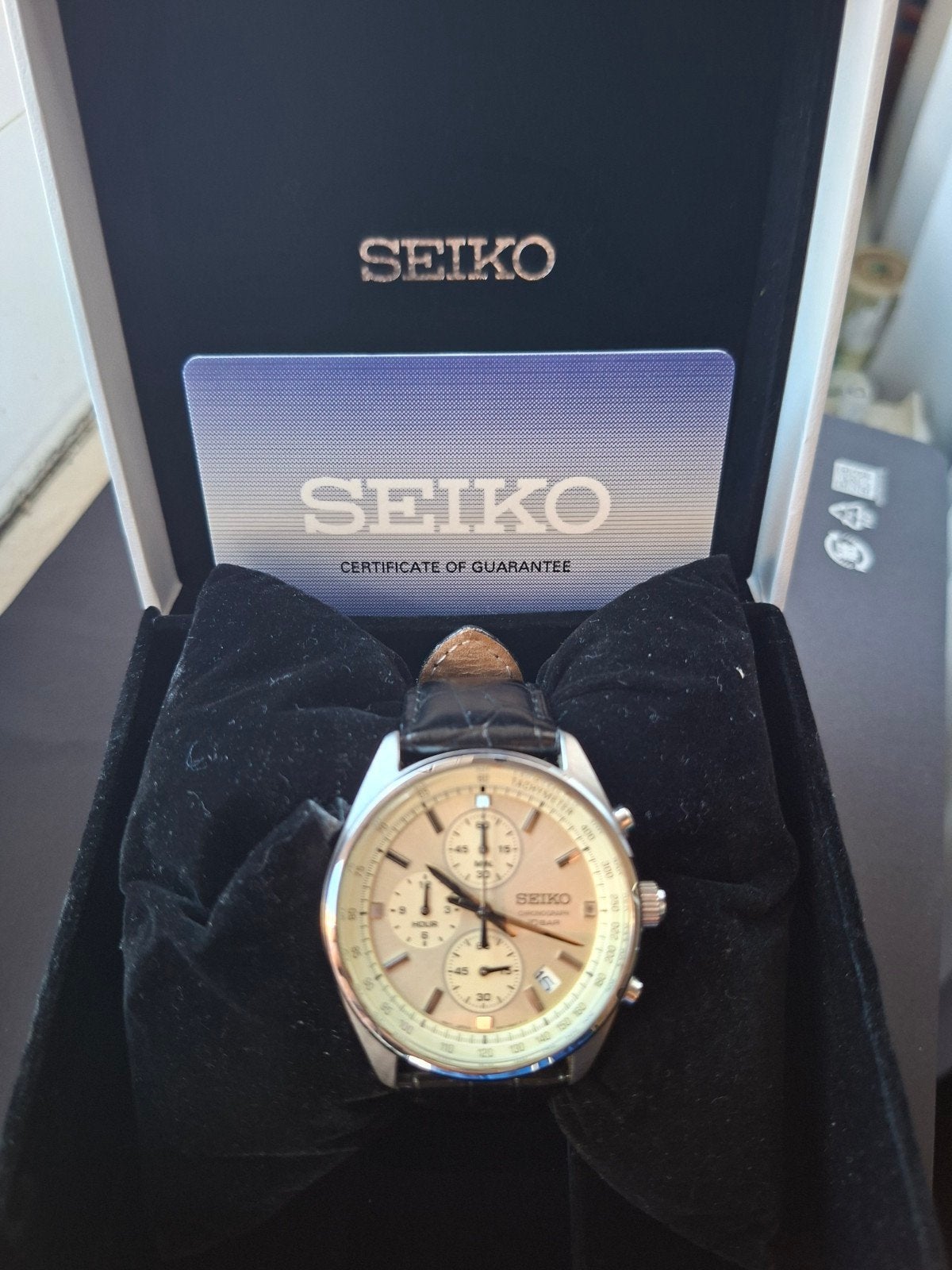 Seiko SSB383P1 Chronograph + doos en garantie kaart, Ophalen, Seiko, Leer, Staal