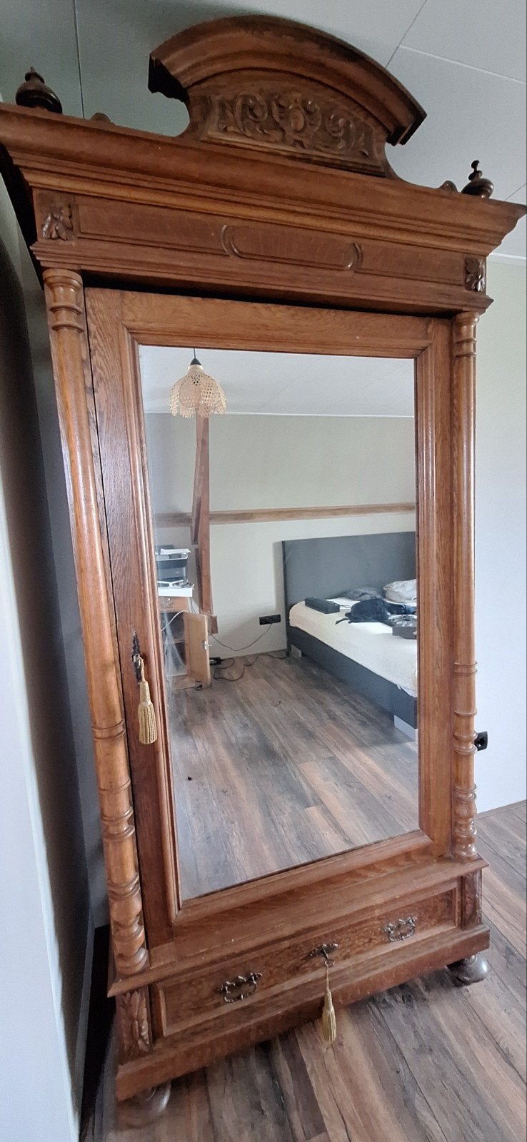 Antieke brocante spiegelkast kuifkast eiken hout met lade, Ophalen