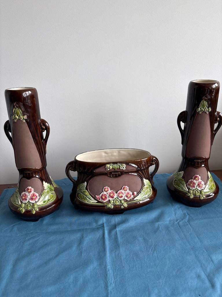 Art Nouveau Keramiek Set: 2 Vazen & Bloempot, Ophalen of Verzenden