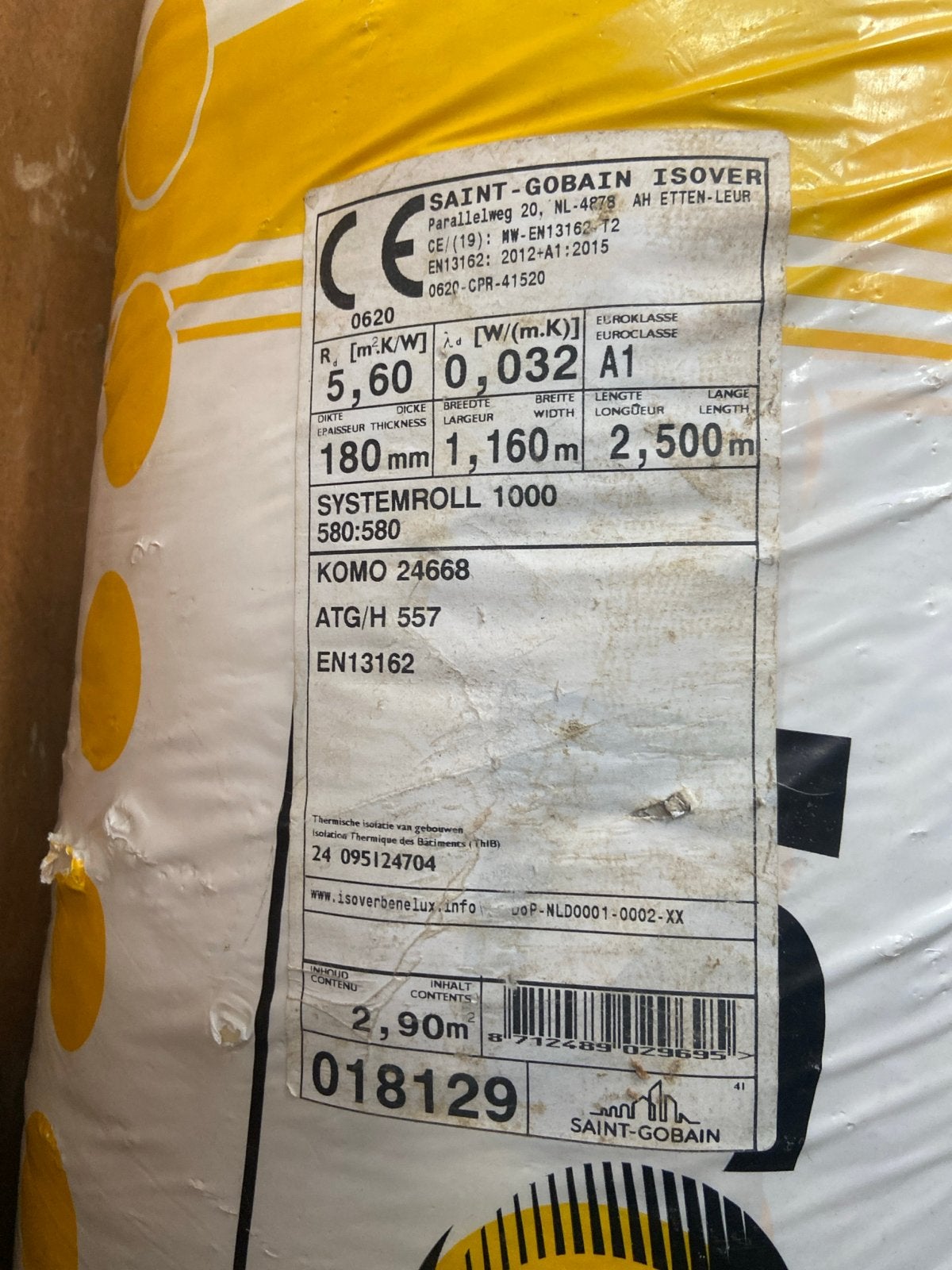Isolatie Glaswol Saint-Gobain Isover 180mm, Doe-het-zelf en Verbouw, Isolatie en Afdichting, Ophalen, 12 cm of meer, Nieuw, 5 tot 10 m²