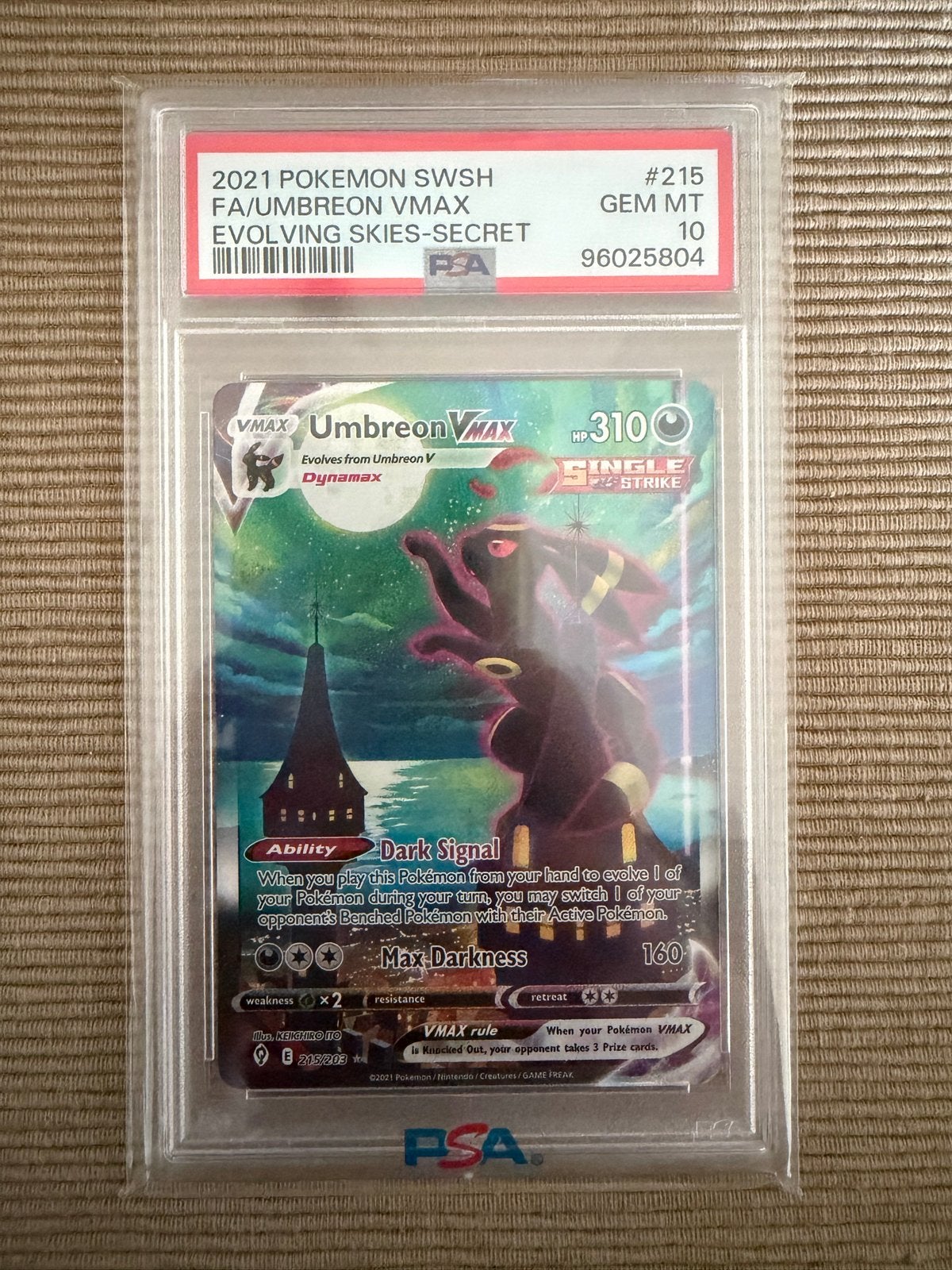 Umbreon VMAX 215 PSA 10 Evolving Skies Pokemon Kaart, Ophalen, Nieuw, Losse kaart, Foil