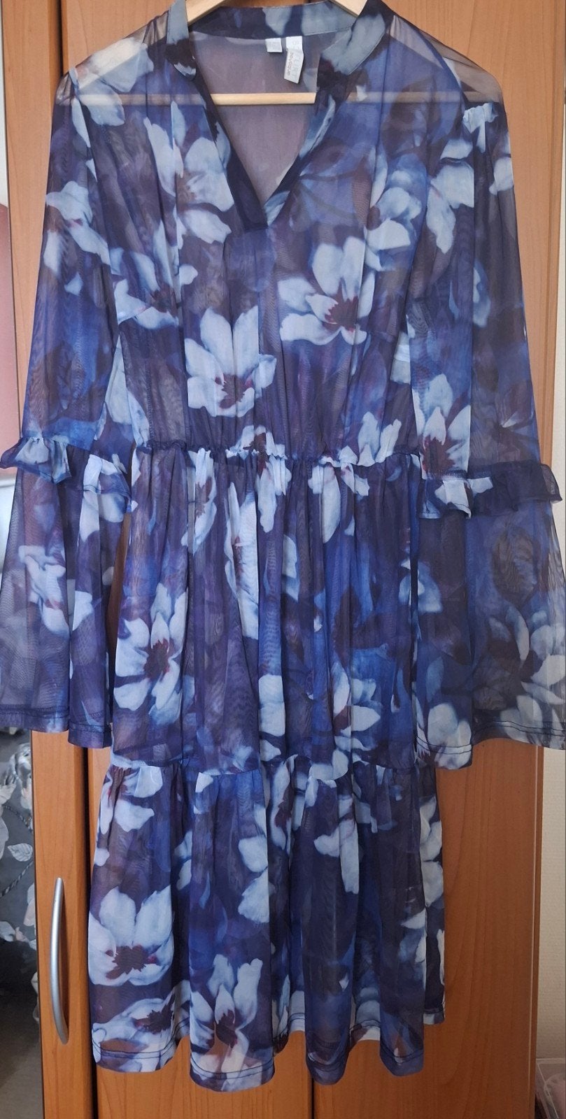 Mooie blauwe chiffon tuniek met trekkoord M/L, Kleding | Dames, Ophalen of Verzenden, Zo goed als nieuw, Maat 42/44 (L)