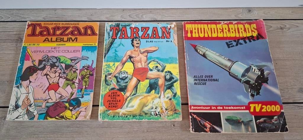 3 oude stripboeken. Tarzan en thunderbirds., Boeken, Stripboeken, Meerdere stripboeken, Ophalen of Verzenden, Gelezen