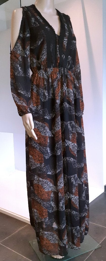 maxi jurk met blote schouders zwart bruin boho H&M XS of 34, Zwart, Nieuw, Ophalen of Verzenden, Maat 34 (XS) of kleiner