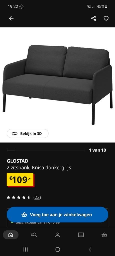 GLOSTAD 2-zitsbank, Knisa donkergrijs zo goed als nieuw, Ophalen, Minder dan 75 cm, Tweepersoons, Zo goed als nieuw