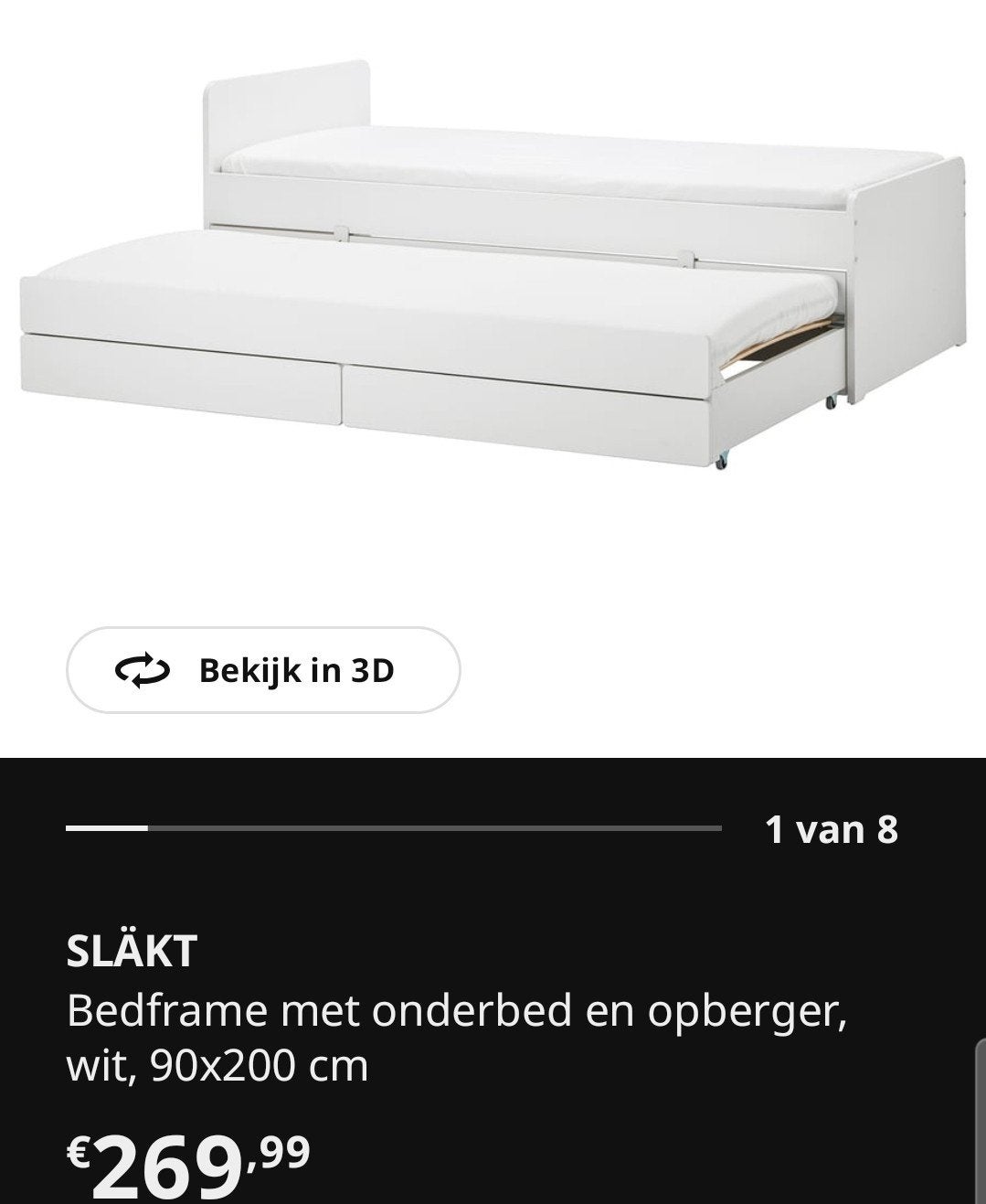 IKEA SLÄKT Bedframe met onderbed en opberger, wit, Ophalen, Verstelbaar, 90 cm, Modern, functioneel