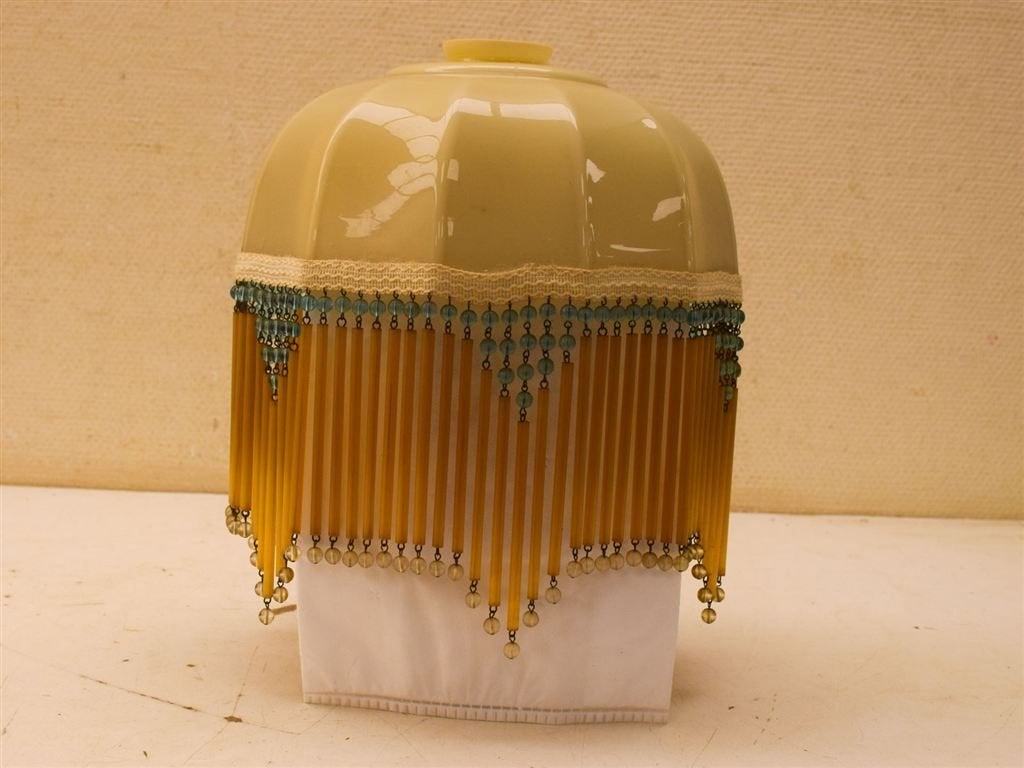 Lampenkap met franje 51936, Ophalen of Verzenden, Gebruikt, Beige, Rond