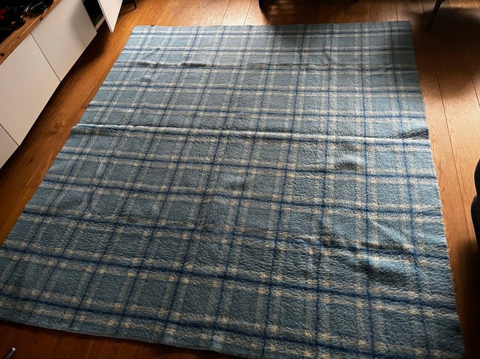 Vintage Zuiver Scheerwollen Deken - Blauw/Wit Ruitpatroon, Ophalen of Verzenden, Zo goed als nieuw