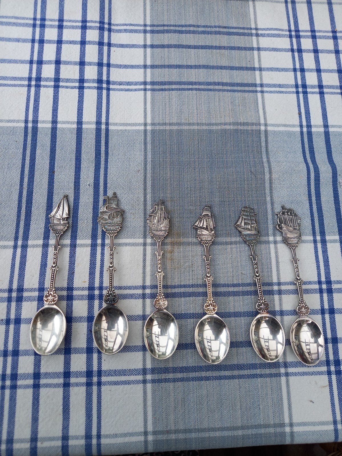 6 zilverkleur schepen thee lepeltjes D.E., Antiek en Kunst, Antiek | Goud en Zilver, Ophalen of Verzenden