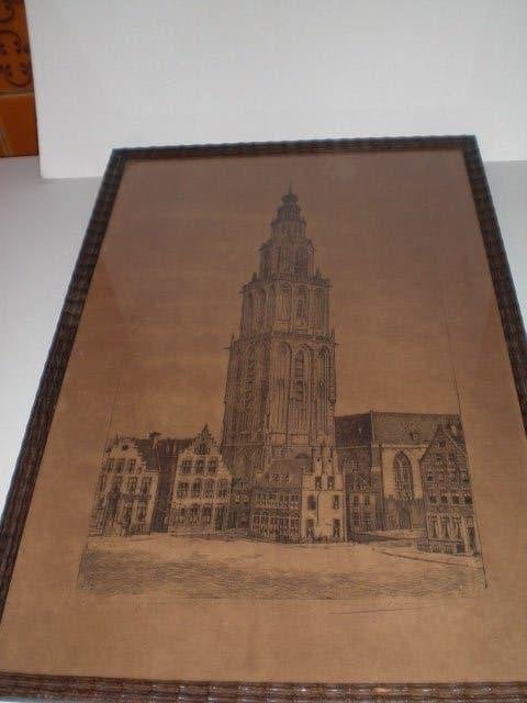 Ets Martini toren markt Groningen van Marius Janssen ca 1930, Ingelijst, Ets, Stadsgezicht, 35 cm