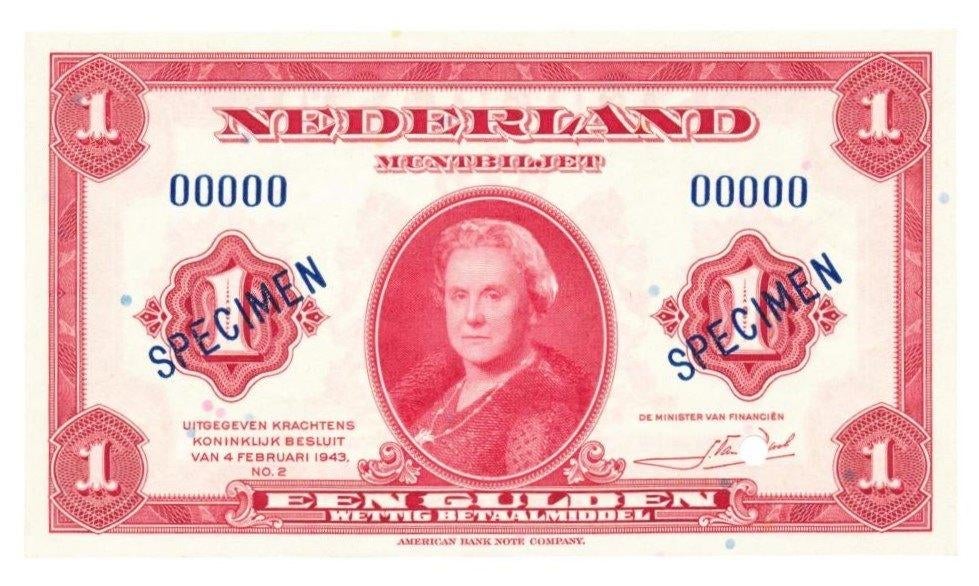 Nederland 1 Gulden 1943 Wilhelmina specimen, Ophalen of Verzenden, 1 gulden