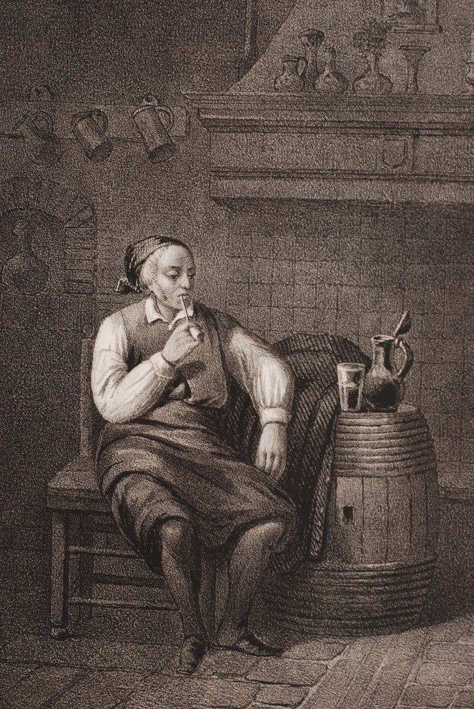 Pijprokende man naast een ton - Hendricus Johannes Scheeres, Antiek en Kunst, Verzenden, Lithografie, Portret en Figuren, Origineel