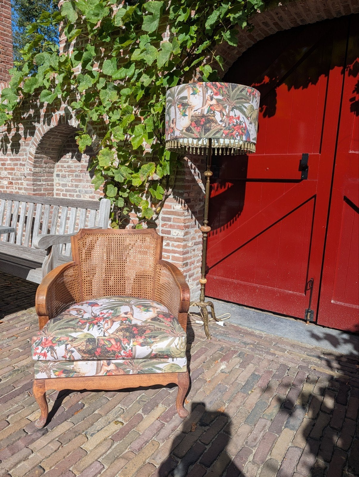 Vintage messing vloerlamp met jungle print kap, Ophalen, E27 (groot), Zo goed als nieuw, Metaal