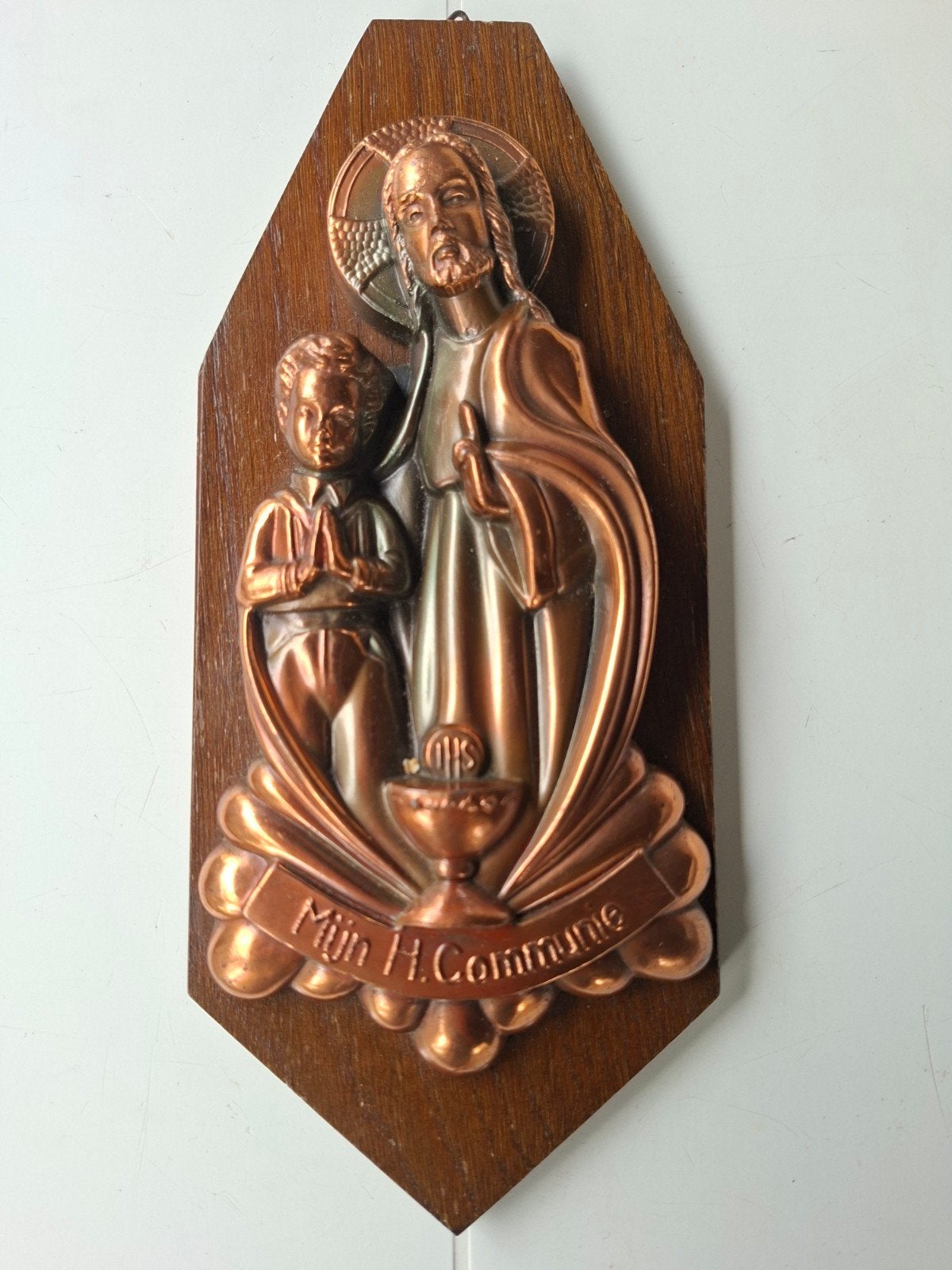 Vintage Koperen Plaquette Eerste Heilige Communie, Antiek en Kunst, Antiek | Religie, Ophalen of Verzenden
