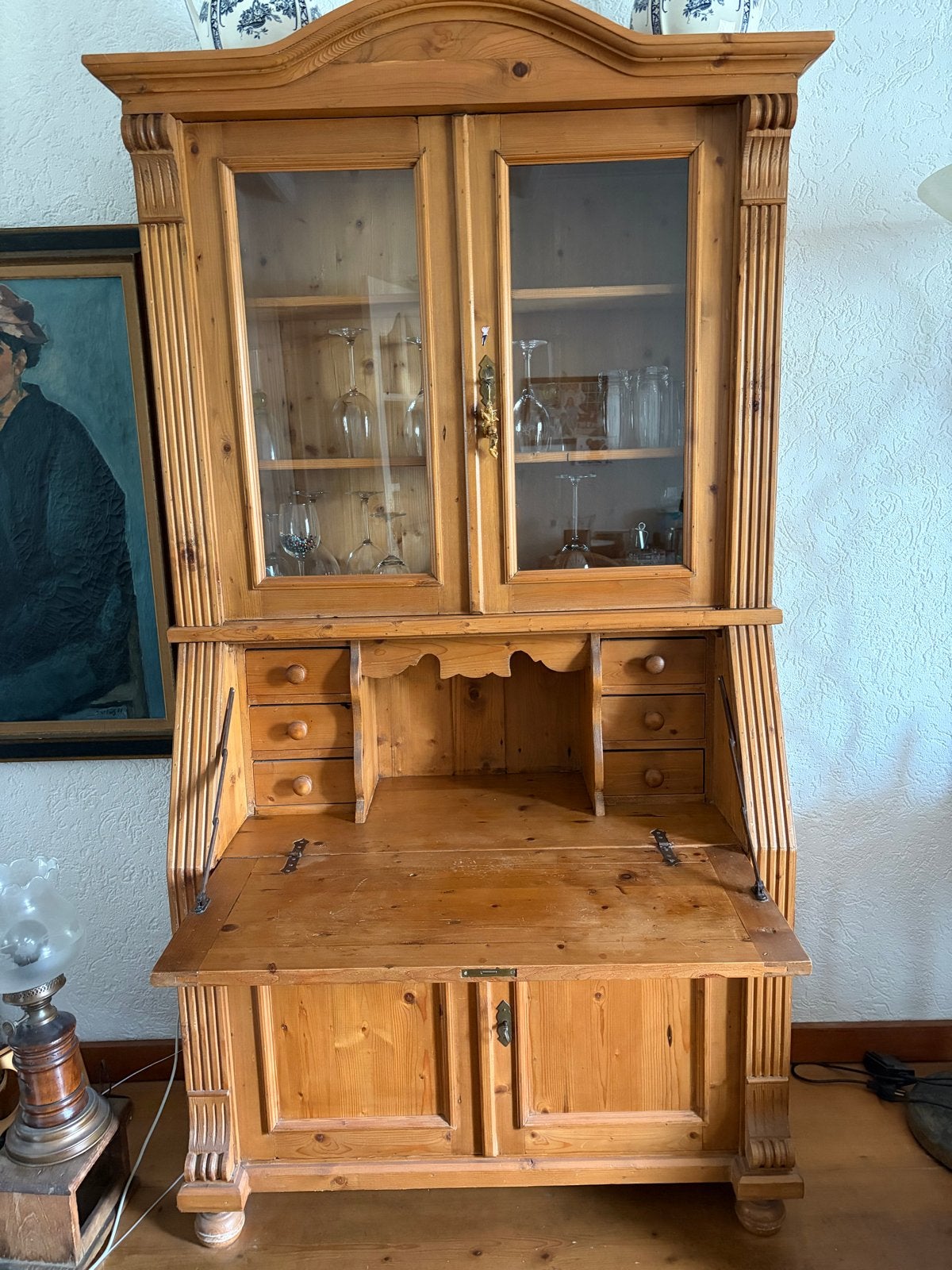 Massief grenen meubelset: secretaire, salontafel, eettafel,, Antiek en Kunst, Ophalen