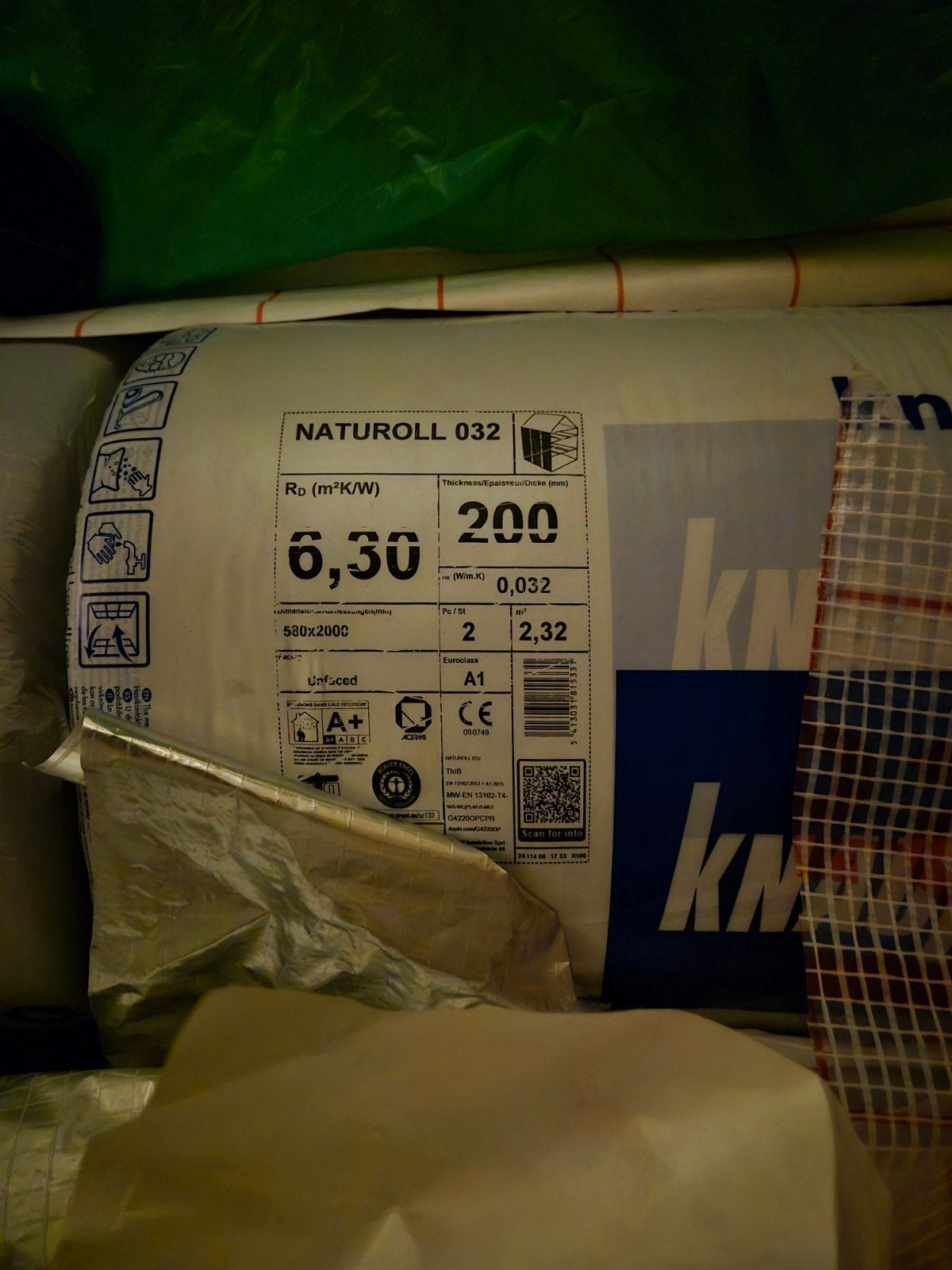 Knauf Naturoll 032 200mm dik 580mm 9 rollen, Doe-het-zelf en Verbouw, 10 tot 15 m², 12 cm of meer, Nieuw, Glaswol