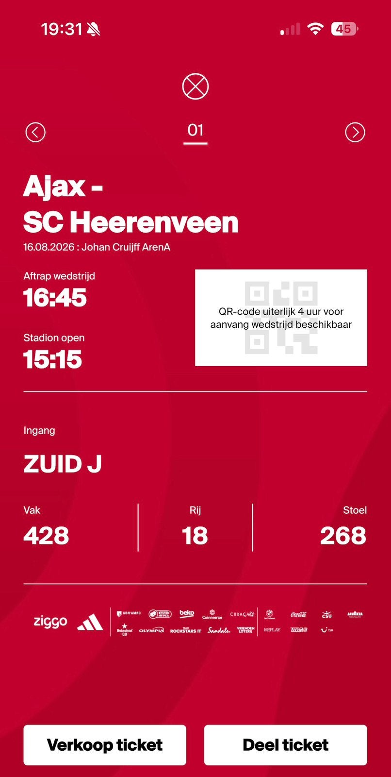 TKA: kaart Ajax vs. Heerenveen vak428, Eén persoon