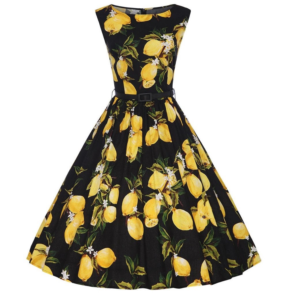Citroen vintage jurk rockabilly retro dames vrouwen jurkje, Verzenden, Nieuw, Overige kleuren, Knielengte