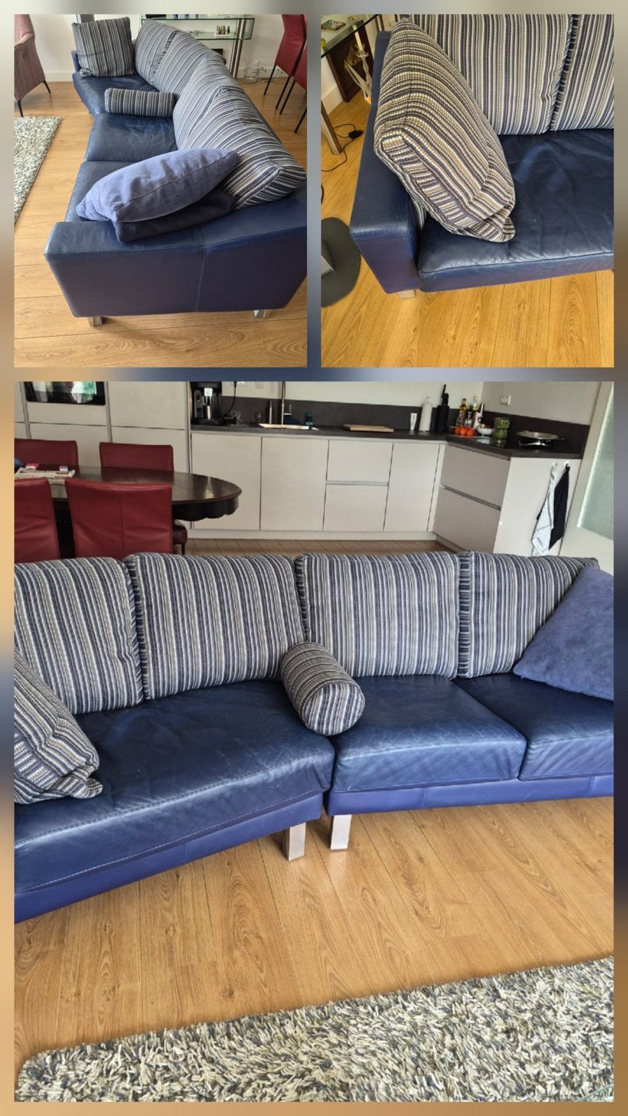 Leolux - Comfortabele blauwe hoekbank met gestreepte kussens, Ophalen, 250 tot 300 cm, Gebruikt, 100 tot 125 cm