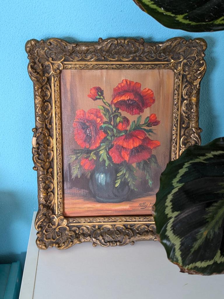Vintage olieverfschilderij Tilly Moes: Klaprozen in vaas,, Antiek en Kunst, Kunst | Schilderijen | Klassiek, Ophalen of Verzenden