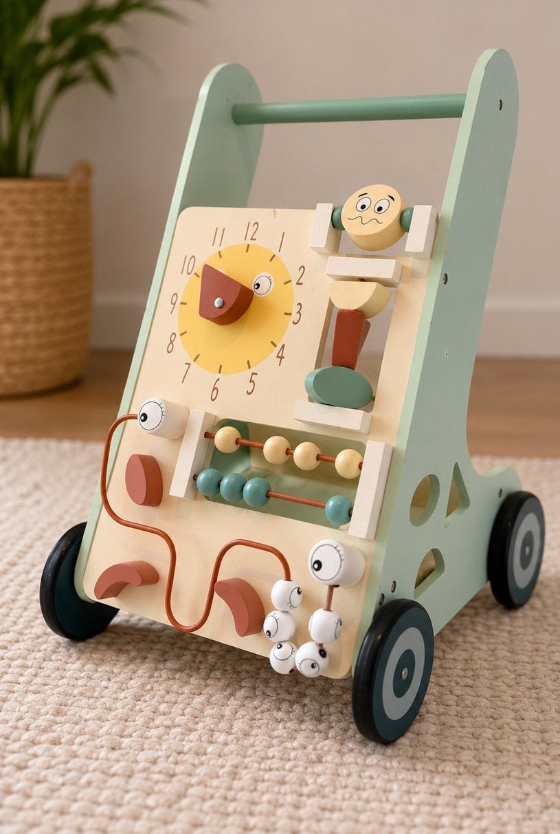 Houten loopwagen met activiteitenbord – mintgroen, Kinderen en Baby's, Ophalen, Zo goed als nieuw, Duw- of Trekspeelgoed