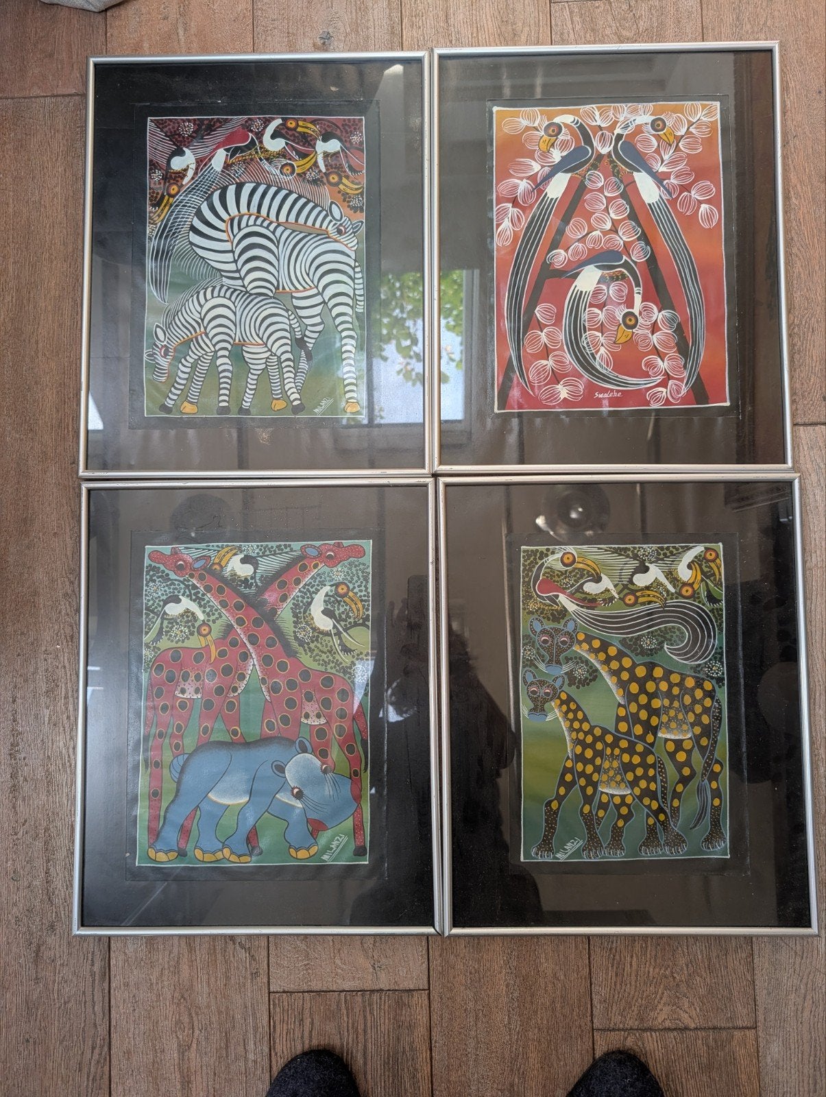 4 Afrikaanse Tingatinga Olieverfschilderijen - Dieren, Afrika, Geschilderd, Ophalen of Verzenden, Meerkleurig